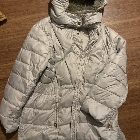 Braetan Metallic Gray Puffer Coat with Faux Fur Hood - Picture 1 of 7